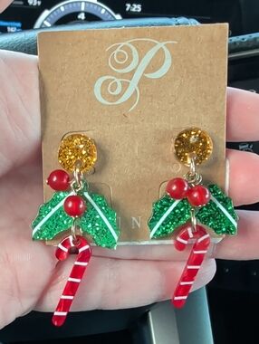 Festive Green & Red Candy Cane Holly Earrings